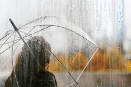 A silhouette of a person holding a clear umbrella stands behind a rain-soaked window, with soft autumn colors blurred in the background.