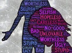 Silhouette of two figures surrounded by negative words like "worthless," "selfish," and "ugly," highlighting feelings of low self-esteem.