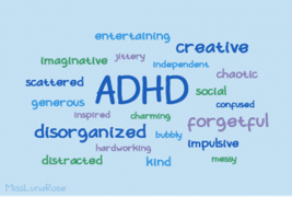 A blue word cloud featuring the term "ADHD" in bold, surrounded by descriptive words like creative, forgetful, and disorganized.