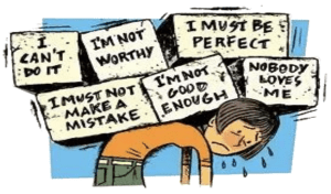 A sad person bends under the weight of negative self-talk messages like "I'm not worthy" and "I must be perfect."