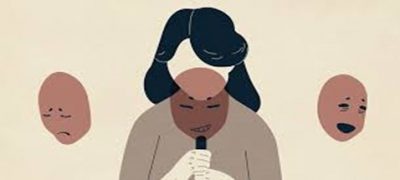 An illustrated woman talk into a microphone, flanked by two expressive faces: one sad and one happy, symbolizing emotional contrast.