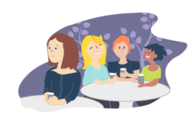 A woman sits alone, looking sad, while three friends chat and smile at a table nearby, surrounded by abstract purple foliage.