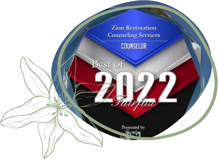Award badge for Soar Therapy and Integrated Wellness, recognizing them as a top counselor in Fairfax for 2022. Floral illustration in background.